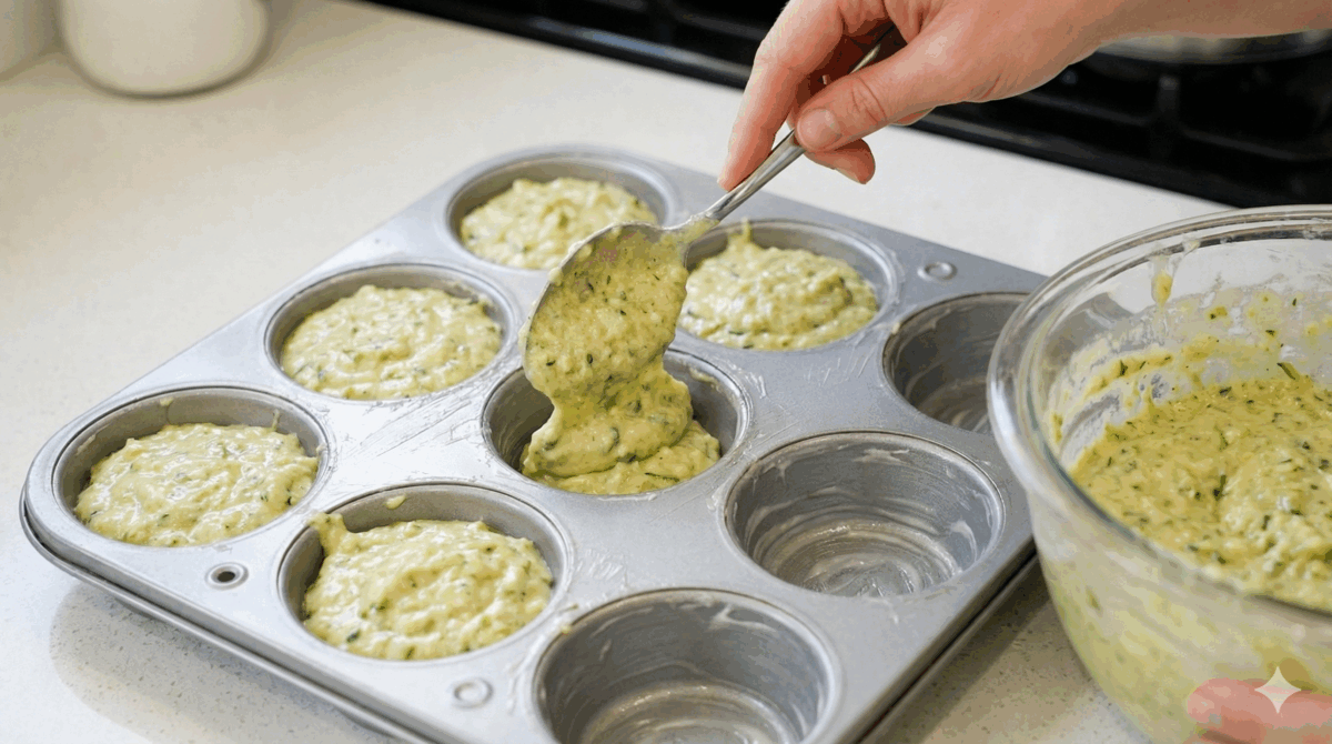 La pâte terminée est versée à l'aide d'une cuillère dans les empreintes d'un moule à muffins préalablement beurré.
