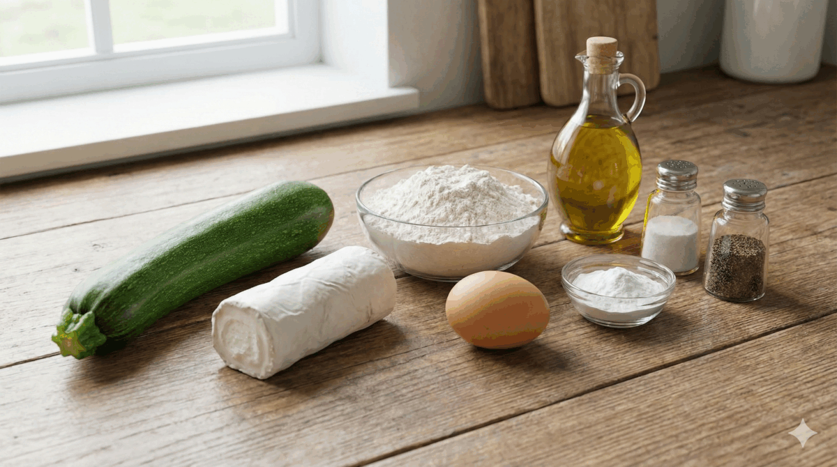 Tous les ingrédients nécessaires sont réunis sur le plan de travail : la courgette, le chèvre frais, l'œuf, la farine, l'huile d'olive, le sel et le poivre.