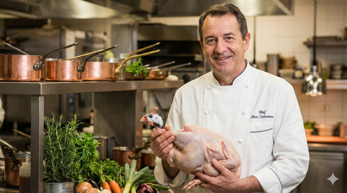 portrait du chef Marc Delavenne, spécialiste des volailles, qui partage son avis sur la pintade
