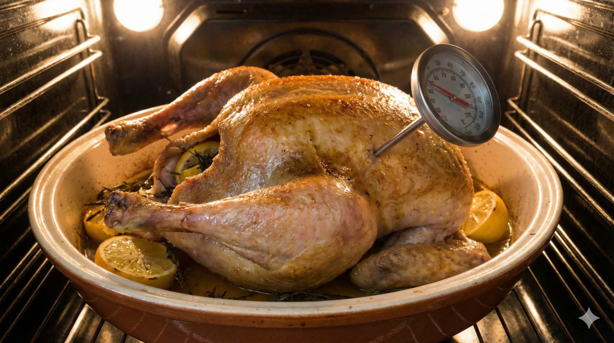 pintade en cours de cuisson dans un four, avec un thermomètre à viande inséré pour garantir une cuisson parfaite et juteuse