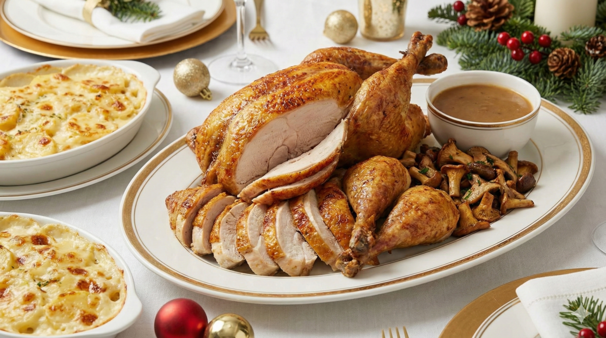 une pintade rôtie découpée, prête à être servie