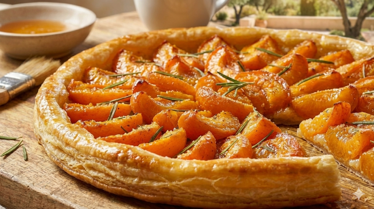 Nicolas Charrier en clin d’œil : cette tarte fine abricots–romarin sent la Riviera