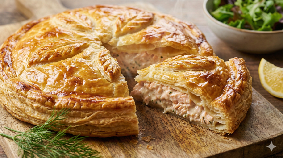 Le noël feuillete et fondant avec cette tourte au saumon ideale pour un repas chic sans stress ni prise de tete en cuisine, effet waouh
