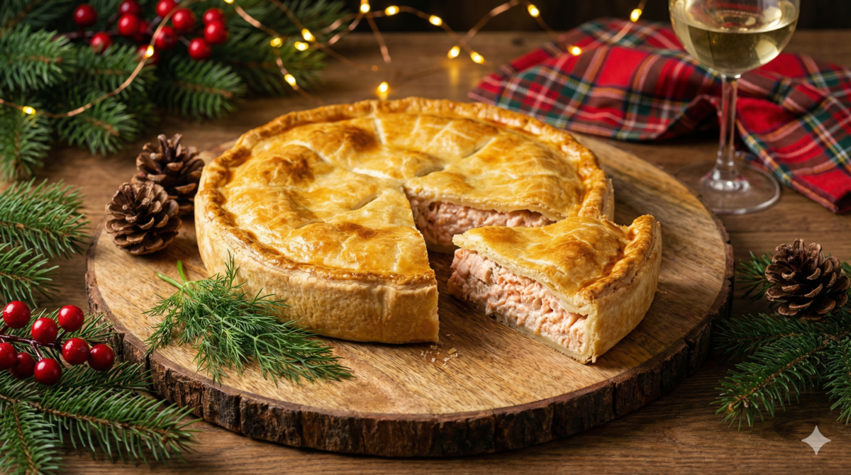 Noël feuilleté et fondant avec cette tourte au saumon, idéale pour un repas chic sans stress ni prise de tête en cuisine