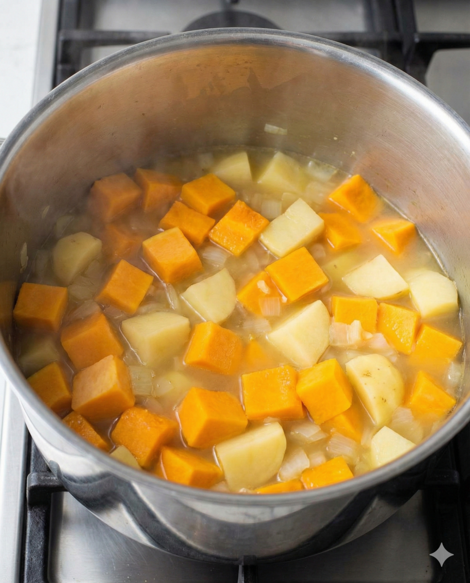 cuisson des légumes (butternut, pomme de terre, oignon) qui mijotent doucement dans le bouillon