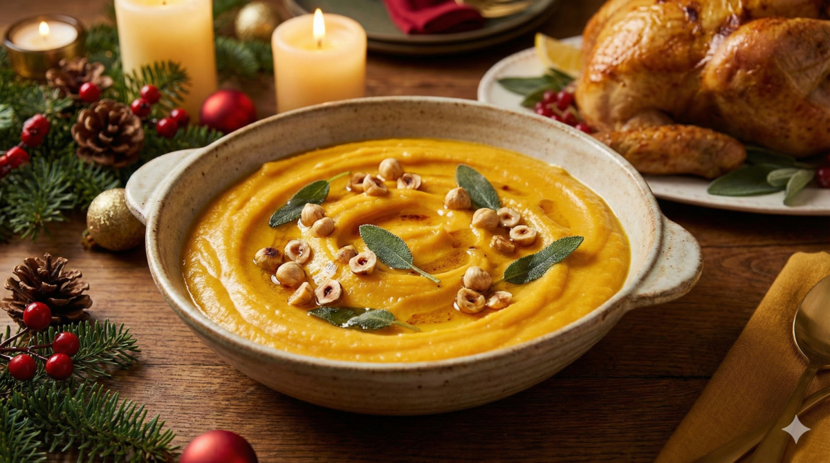 Purée de butternut lisse et dorée, servie chaude avec quelques noisettes torréfiées et herbes fraîches.