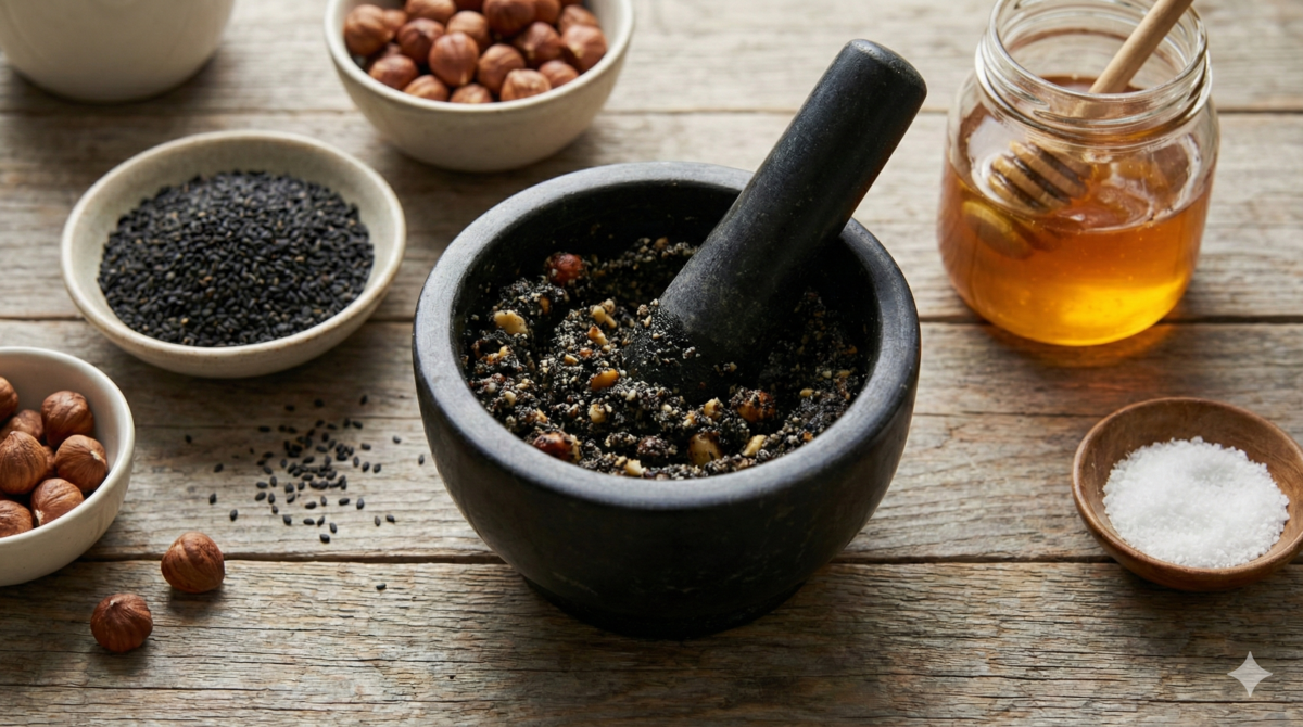 Préparation de la pâte sésame noir–miel