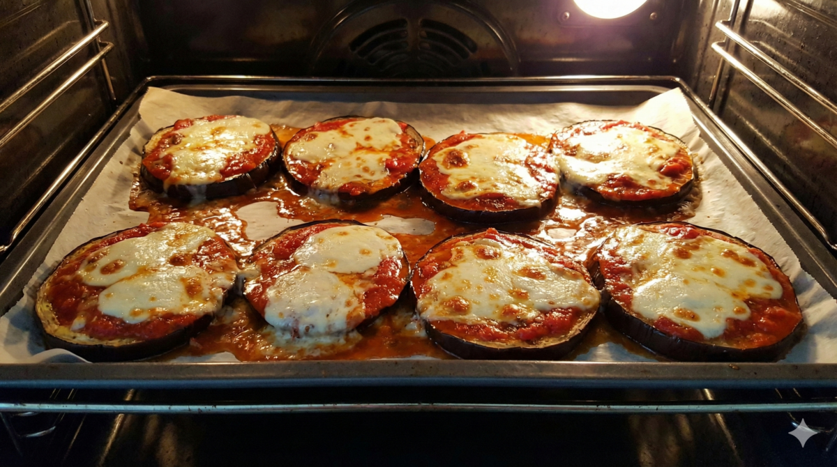 Les aubergines garnies retournent au four pour faire fondre la mozzarella et gratiner légèrement.