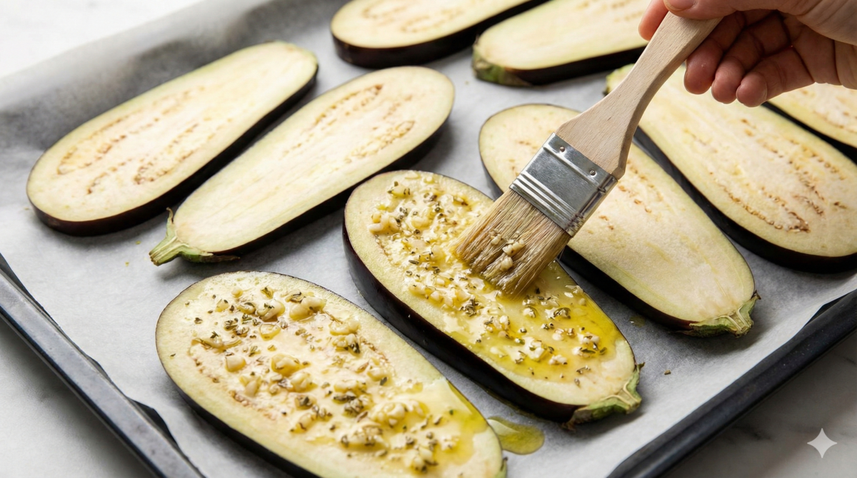 préparation des aubergines : les tranches crues sont badigeonnées du mélange d'huile d'olive, d'ail et d'origan avant d'être grillées