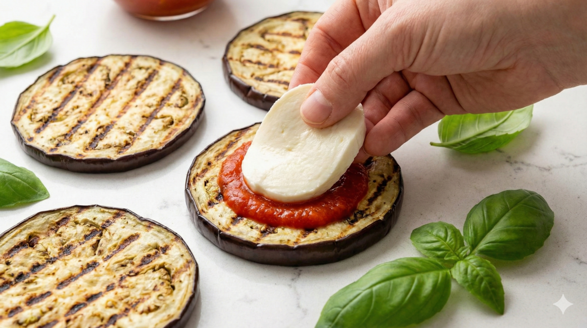 elles sont garnies de sauce tomate et d'une tranche de mozzarella fraîche.