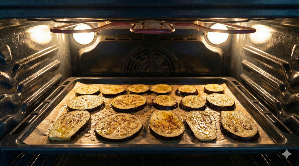 les tranches d'aubergines assaisonnées sont placées sous le grill du four pour dorer et devenir tendres.