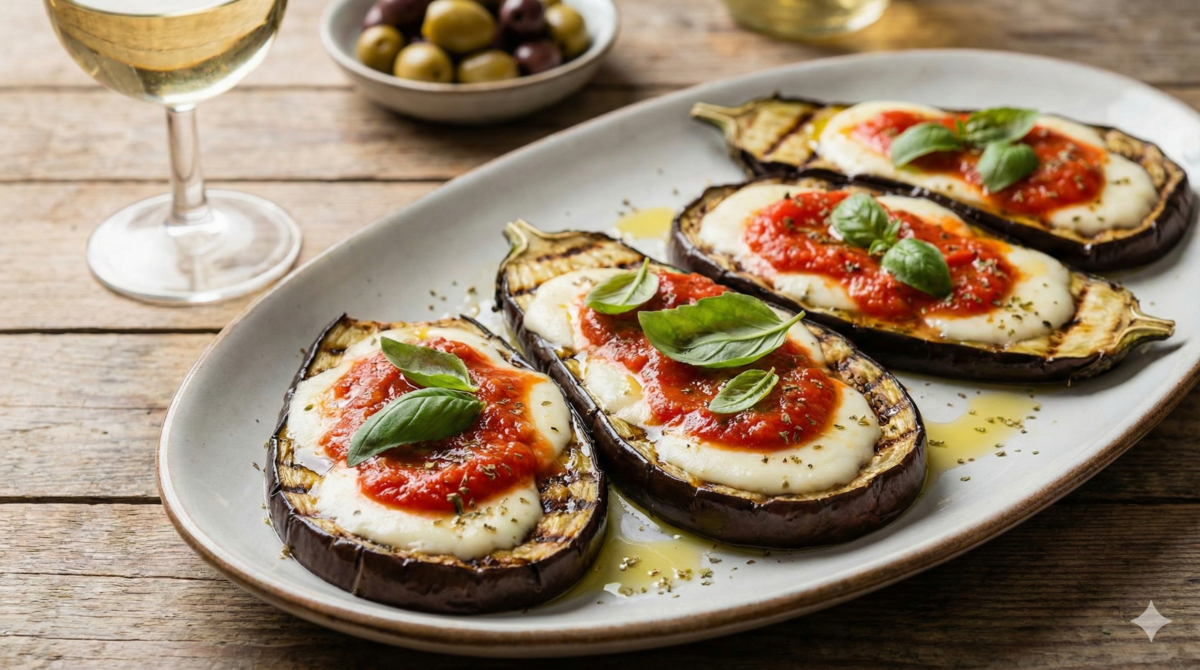 Plat léger mais ultra gourmand : aubergines grillées, tomates et mozzarella au four