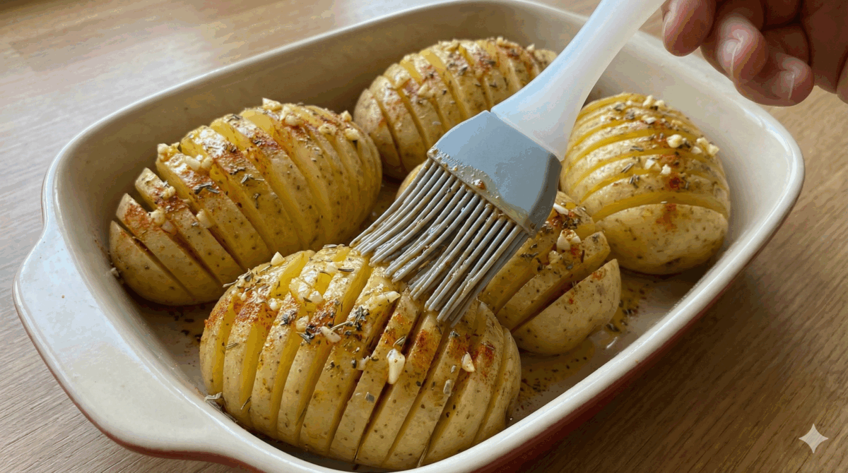 Les pommes de terre sont disposées dans le plat et badigeonnées généreusement avec l'huile d'olive parfumée à l'ail, aux épices et aux herbes, en veillant à bien faire pénétrer le mélange entre les lamelles.