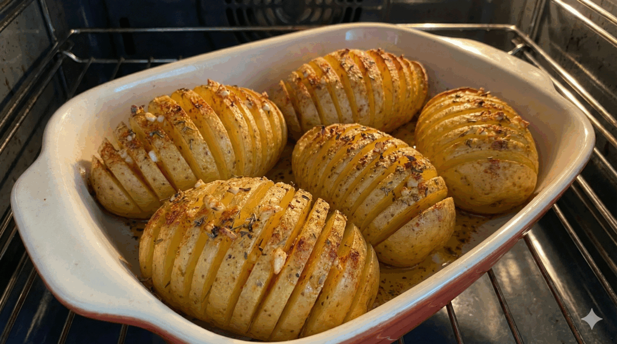 Les pommes de terre sont en train de cuire au four. Elles sont devenues dorées et croustillantes sur le dessus, et les lamelles se sont écartées pour révéler l'intérieur fondant.