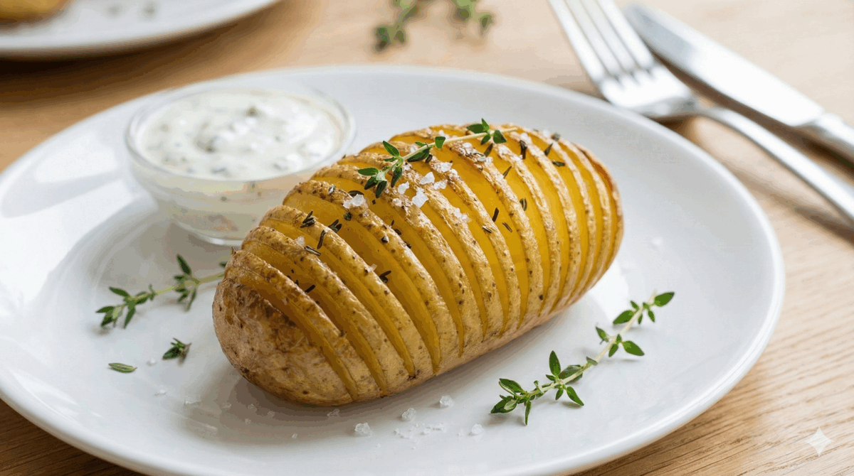 Une pomme de terre suédoise parfaitement cuite est présentée sur une assiette, accompagnée d'une sauce au yaourt et aux herbes pour la dégustation.