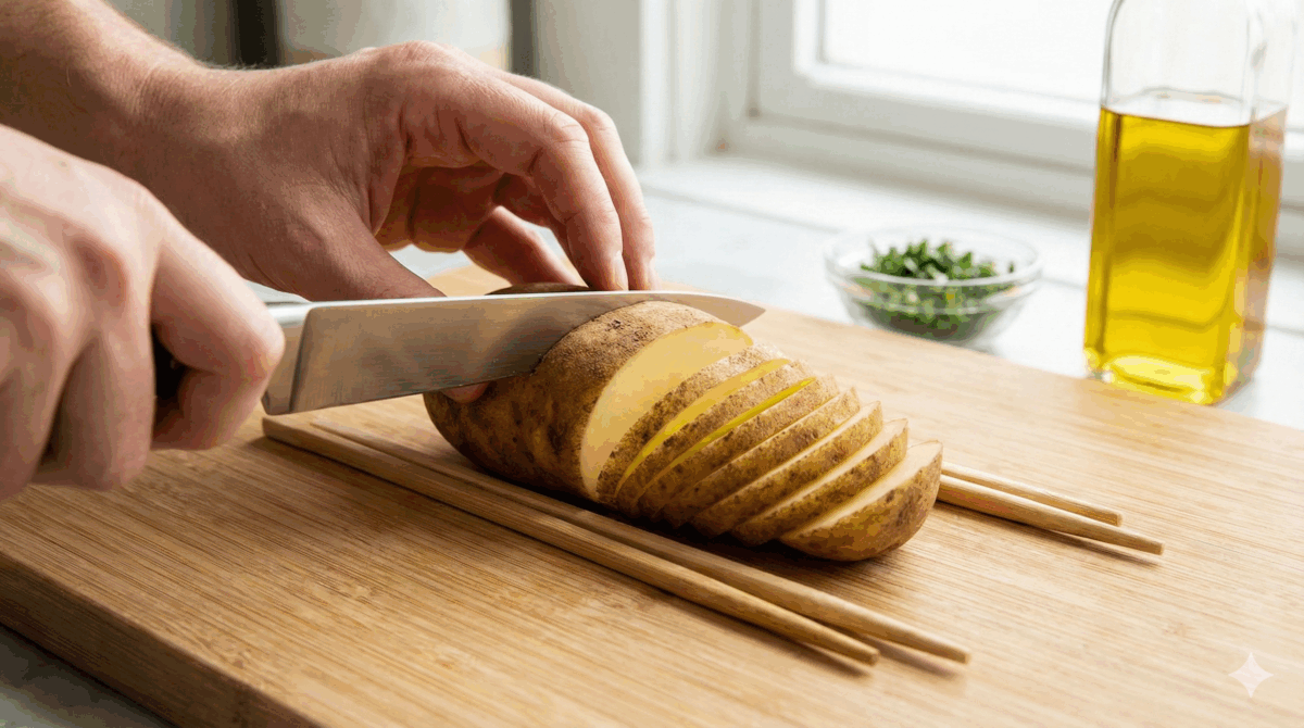 L'astuce des baguettes est utilisée pour découper les pommes de terre en fines tranches régulières sans aller jusqu'au bout, créant ainsi la forme d'éventail caractéristique.