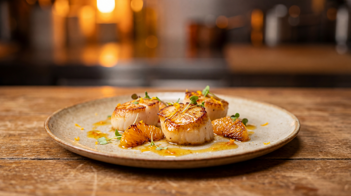 Saint‑Jacques rôties, clémentines caramélisées et sauce aux agrumes : l’entrée de fête légère qui séduit tout le monde