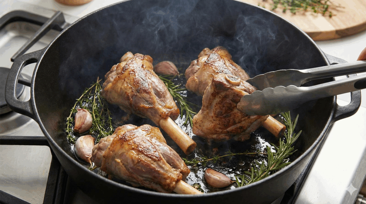 Les souris d'agneau sont saisies dans la cocotte avec l'huile d'olive, les herbes fraîches et l'ail en chemise, pour développer les sucs de cuisson