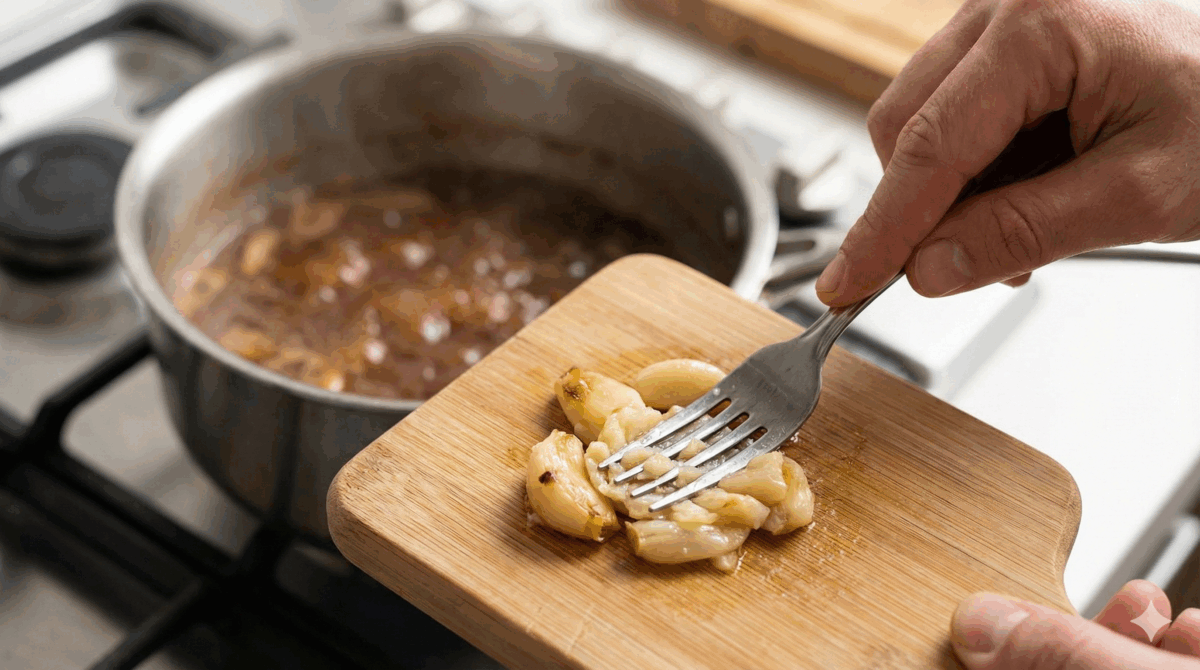 l'ail confit est écrasé en purée pour être incorporé à la sauce