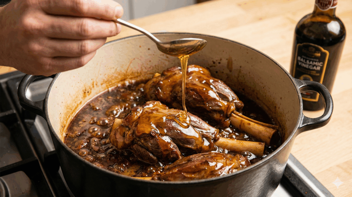 le miel est versé sur la viande pour caraméliser, avant de déglacer avec le vinaigre balsamique, créant une sauce sirupeuse et brillante
