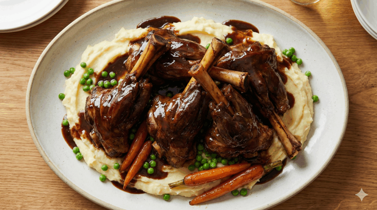 les souris d'agneau confites sont présentées généreusement sur un plat de service, accompagnées d'une purée onctueuse et de petits légumes, nappées de leur sauce gourmande