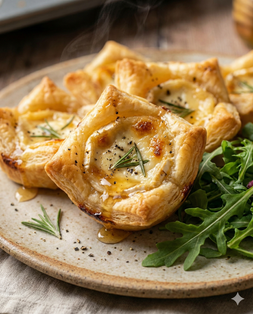 Gros plan sur des tartelettes feuilletées chèvre-miel dorées au four, servies sur une assiette avec de la roquette et du poivre concassé
