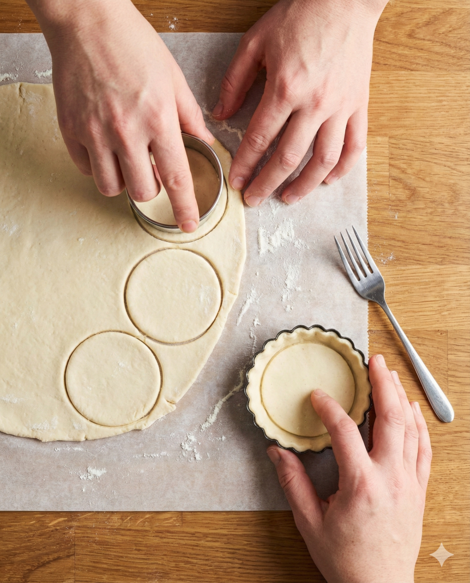 Vue de dessus de mains découpant des cercles dans une pâte feuilletée avec un emporte-pièce et fonçant un moule à tartelette.