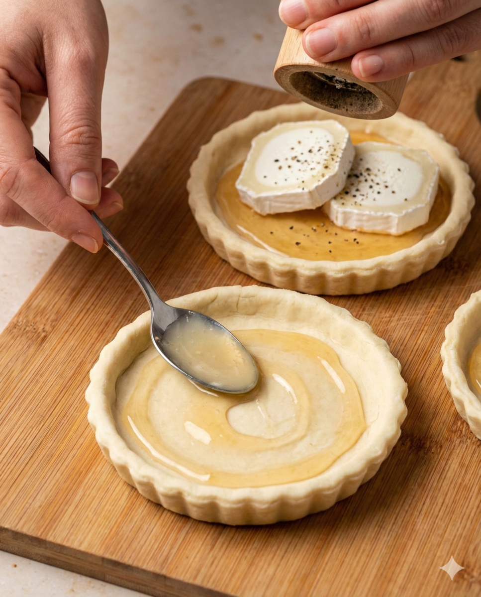 Gros plan d'une main étalant du miel sur un fond de tartelette, tandis qu'une autre main poivre des tranches de chèvre dans une autre tartelette.