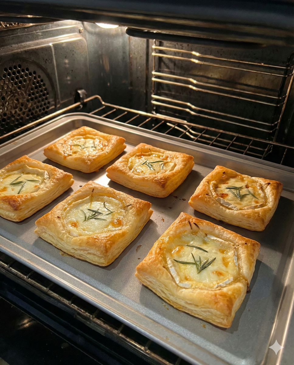 Tartelettes chèvre-miel en train de cuire sur une plaque dans un four allumé, avec une pâte dorée et du chèvre fondu.