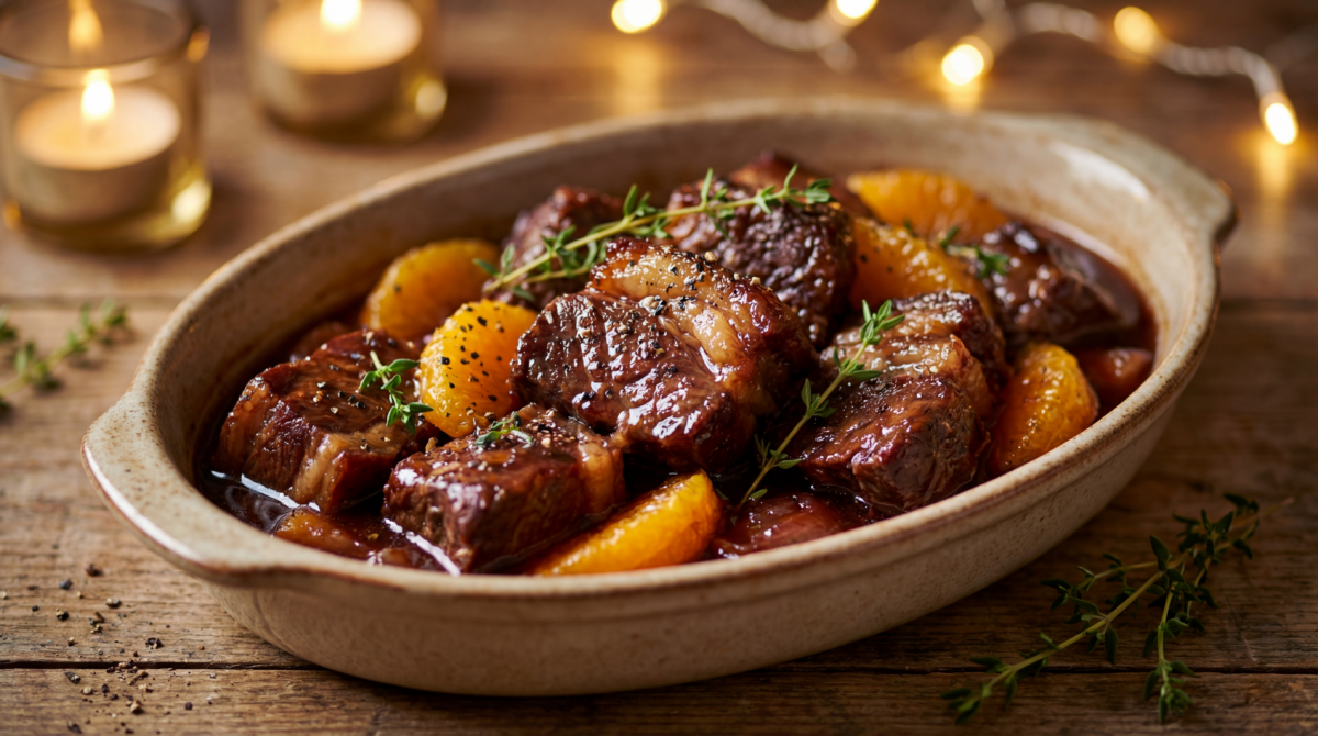 Bœuf longuement mijoté à l’orange et au vin rouge