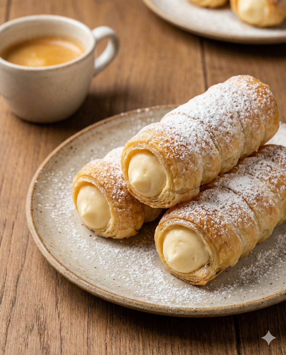 Photographie en gros plan de trois cannoli en pâte feuilletée dorée garnis de crème vanille et saupoudrés de sucre glace, posés sur une assiette à côté d'une tasse de café.