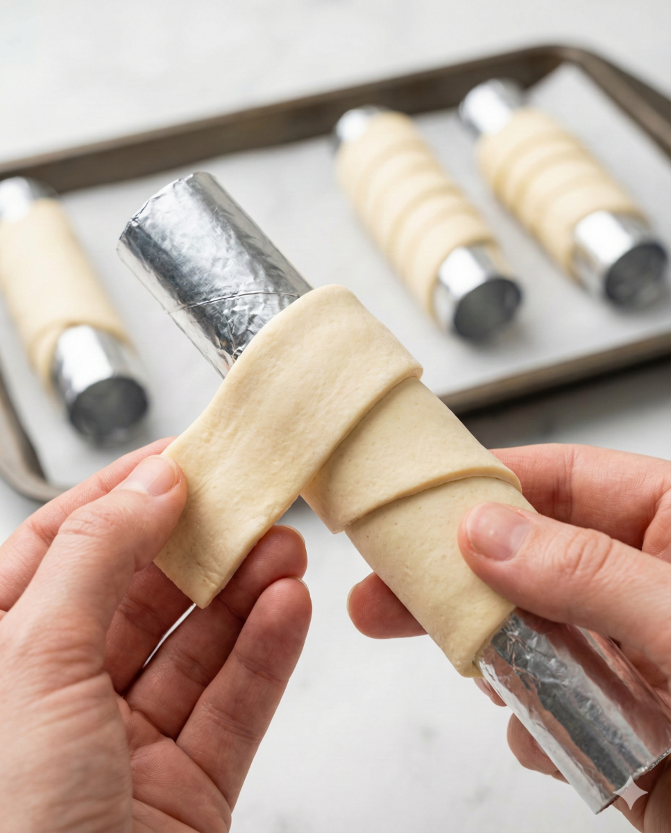 Mains en train d'enrouler une lanière de pâte feuilletée crue autour d'un tube artisanal en papier aluminium, montrant le léger chevauchement de la pâte.