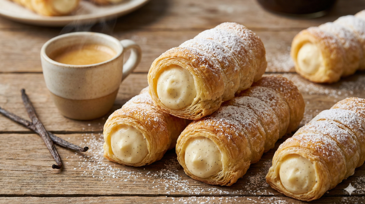 Un cannoli vanille feuilleté pour l’heure du café La pâte feuilletée gonfle, puis craque dès la sortie du four. Vous glissez une crème vanille bien froide dans des cannoli dorés. Servez au moment de la pause café, avec un voile de sucre glace. Le point clé, c’est un four à 180°C bien préchauffé, puis un refroidissement complet avant de garnir. La crème pâtissière se prépare la veille, filmée au contact, pour rester lisse. Comptez environ 1 h 20 au total, repos compris. Les ingrédients pour des cannoli feuilletés bien gonflés 1 pâte feuilletée, bien froide. 25 cl de lait, de préférence entier. 2 jaunes d’œuf, à température ambiante. 1 gousse de vanille, fendue dans la longueur. 60 g de sucre, en poudre. 30 g de maïzena, tamisée si possible. 1 jaune d’œuf, pour dorer. Sucre glace, pour poudrer et finir. Le pas-à-pas des cannoli bien feuilletés sans éclater Étape 1. Taillez la pâte feuilletée en lanières d’environ 1 cm. Gardez-la froide, le feuilletage se tient mieux. Étape 2. Roulez une feuille de papier aluminium en tube, assez ferme. Visez un diamètre d’environ 2 cm pour un cannolo élégant. Étape 3. Enroulez une lanière autour du tube, en chevauchant légèrement. Soudez l’extrémité avec un peu de jaune d’œuf, sinon la spirale se décolle. Étape 4. Badigeonnez la surface au jaune d’œuf, puis poudrez de sucre glace. Enfournez 20 min à 180°C, jusqu’à une couleur bien dorée. Étape 5. Laissez refroidir totalement, puis retirez les tubes en les tournant doucement. Si vous garnissez chaud, la crème fond et détrempe la pâte. Étape 6. Faites bouillir le lait avec la vanille fendue. Pendant ce temps, fouettez les jaunes avec le sucre jusqu’à ce que le mélange blanchisse. Étape 7. Ajoutez la maïzena, puis versez le lait chaud petit à petit en fouettant. Reversez en casserole et faites épaissir à feu moyen, sans arrêter, jusqu’à une crème qui nappe. Étape 8. Filmez au contact et laissez refroidir, puis réservez au froid au moins 1 heure. Pochez la crème dans chaque cannolo, puis poudrez d’un nuage de sucre glace. Petits plus pour des cannoli nets et une crème lisse Si les spirales s’ouvrent, réduisez le chevauchement et soudez mieux au jaune d’œuf. Un passage de 10 minutes au froid, avant cuisson, stabilise la forme. Pour démouler sans casse, attendez le refroidissement et faites une légère torsion. Si la crème reste fluide, prolongez l’épaississement et gardez un vrai feu moyen. Respectez la dose de maïzena, sinon la texture devient farineuse. Sans gousse, utilisez un peu d’extrait de vanille, puis laissez infuser 5 minutes avant de refroidir. À refaire encore, ces cannoli vanille pour partager C’est typiquement le genre de recette que vous ressortez sans hésiter : simple, rapide, économique, et très conviviale. Vous pouvez remplacer la vanille par un zeste d’orange, ou poudrer avec un cacao fin. Ce que j’aime surtout, c’est que la table se remplit d’une odeur de vanille et de pâte dorée. Le premier croc fait un petit craquement, puis la crème arrive, fraîche et douce. Bref, c’est une bouchée qui réconforte autant qu’elle régale. Servez-les sans attendre, et refaites-en encore avec plaisir, pour partager.