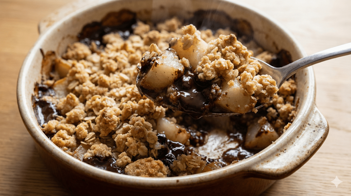 Ce crumble poires-chocolat ultra fondant réchauffe tout l’hiver, avec une croûte dorée qui croustille à la cuillère