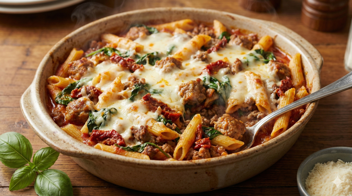 Ce gratin de pâtes à l’italienne aux tomates séchées devient vite addictif : sauce crémeuse, fromage doré