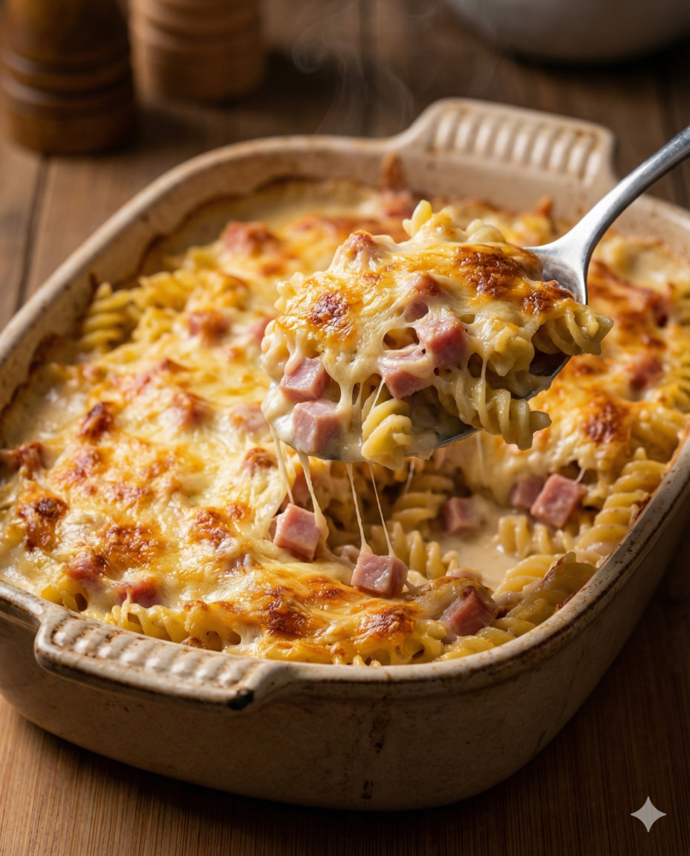 Plats à gratin en céramique rempli de pâtes fusilli au jambon et fromage, avec une croûte dorée et bouillonnante, dont une part crémeuse est servie à la cuillère.
