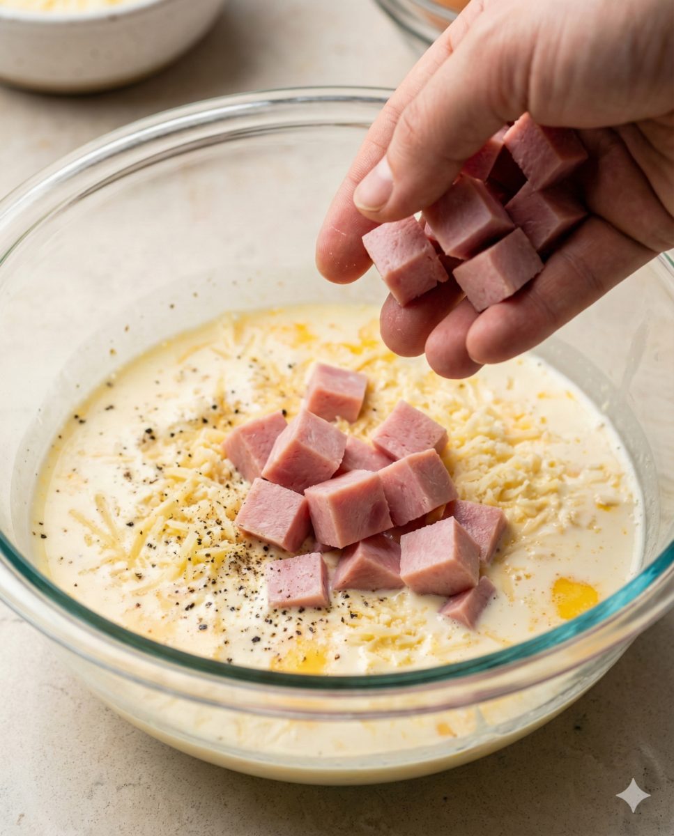 Bol en verre contenant un mélange liquide de crème, œuf et fromage râpé, dans lequel une main ajoute des dés de jambon rose.