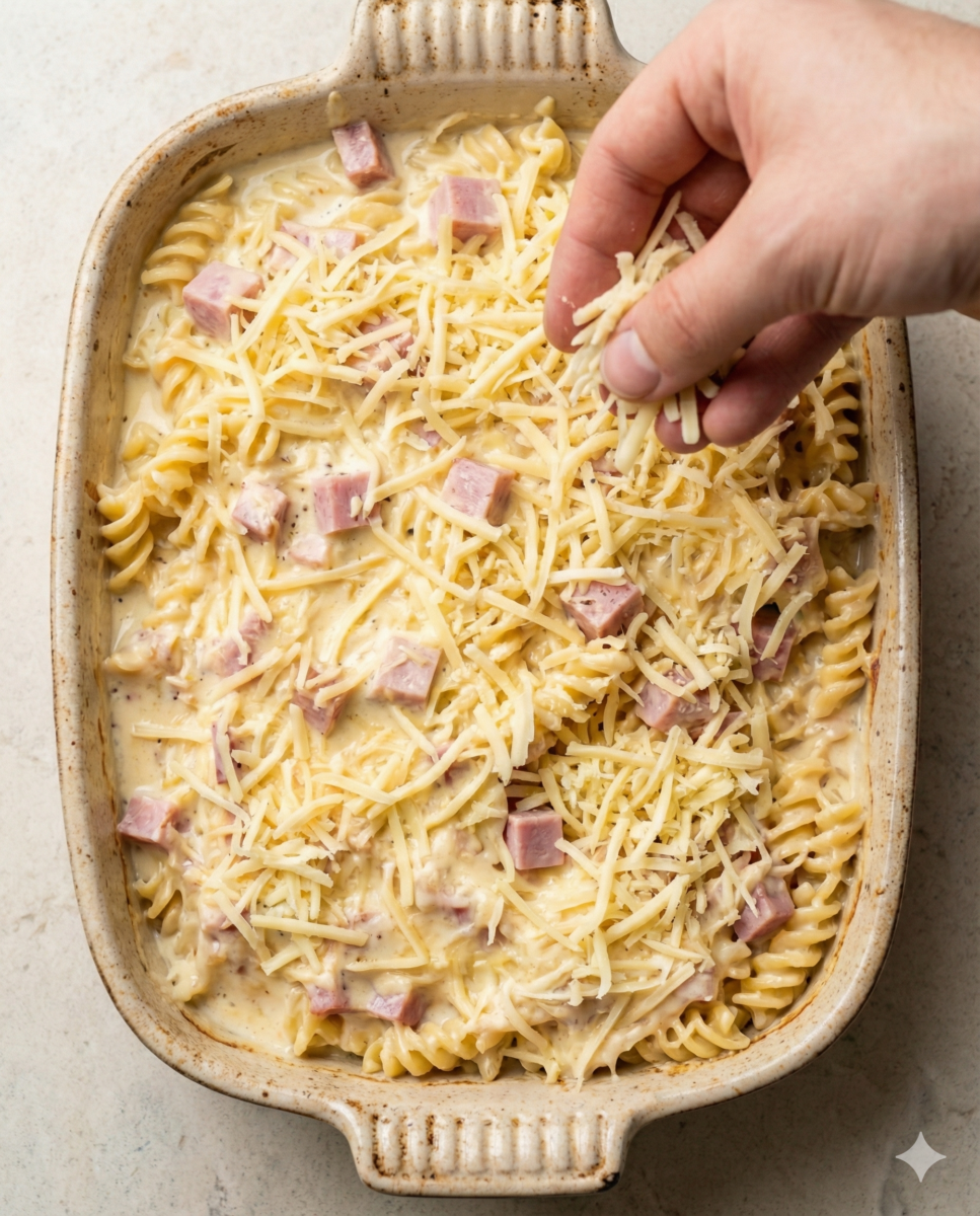 Vue de dessus d'un plat à gratin rempli de pâtes et jambon enrobés de sauce, sur lequel une main saupoudre une couche finale de fromage râpé.
