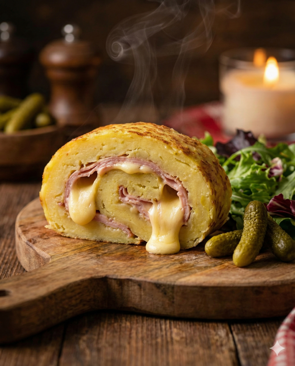 Gros plan sur une tranche épaisse de roulé de pommes de terre, montrant le fromage raclette fondu qui coule et les couches de jambon, servi sur une planche en bois dans une ambiance chaleureuse.