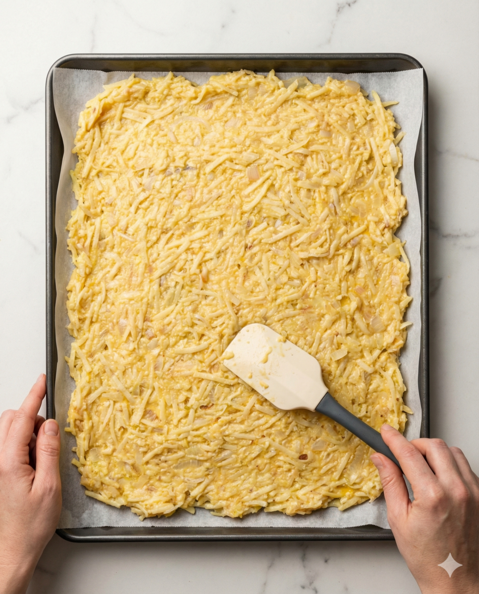 Vue en plongée de mains étalant uniformément le mélange cru de pommes de terre râpées et d'œufs sur une plaque de cuisson avec une spatule.