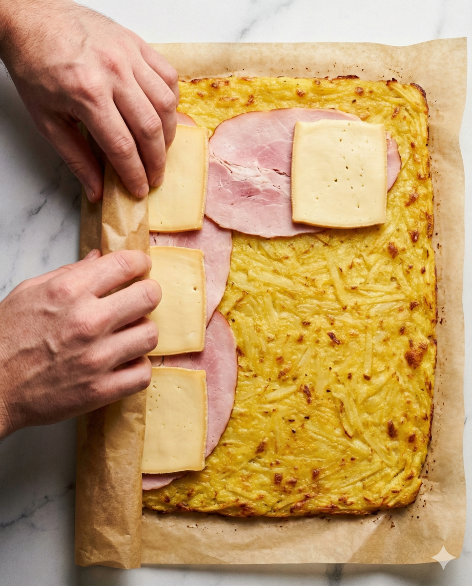 Mains utilisant le papier sulfurisé pour rouler délicatement la base de pomme de terre cuite, garnie de tranches de raclette et de jambon sur les deux tiers.