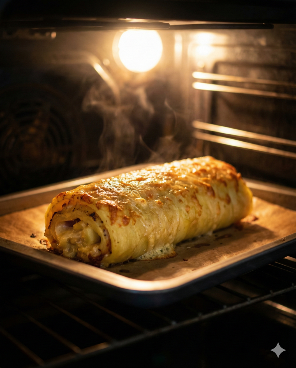 Le roulé de pomme de terre terminé à l'intérieur d'un four chaud et éclairé, pour le gratinage final.