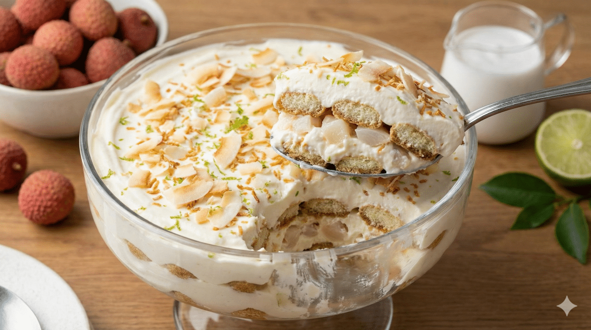 Ce tiramisu litchi-coco apporte une touche lumineuse aux soirées d’hiver, frais, doux et ultra dépaysant