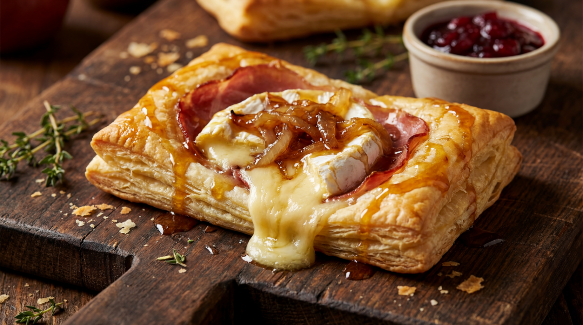 Feuilleté de camembert au jambon cru et oignons tout doux