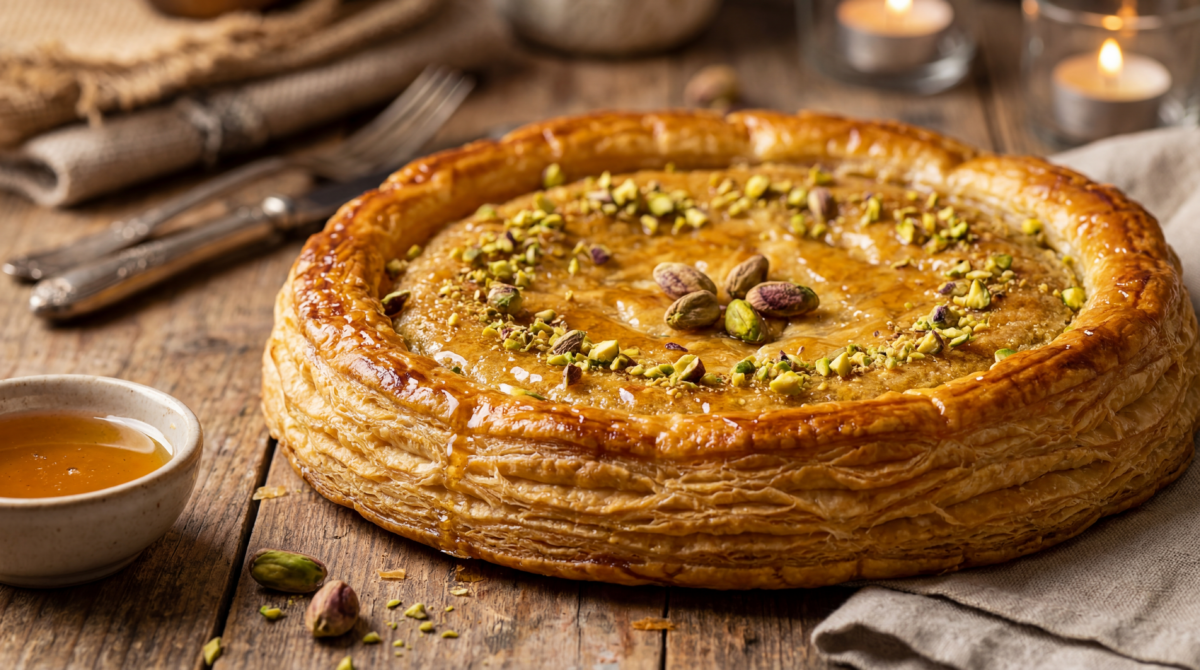 Galette feuilletée au miel et aux pistaches pour une Épiphanie dorée