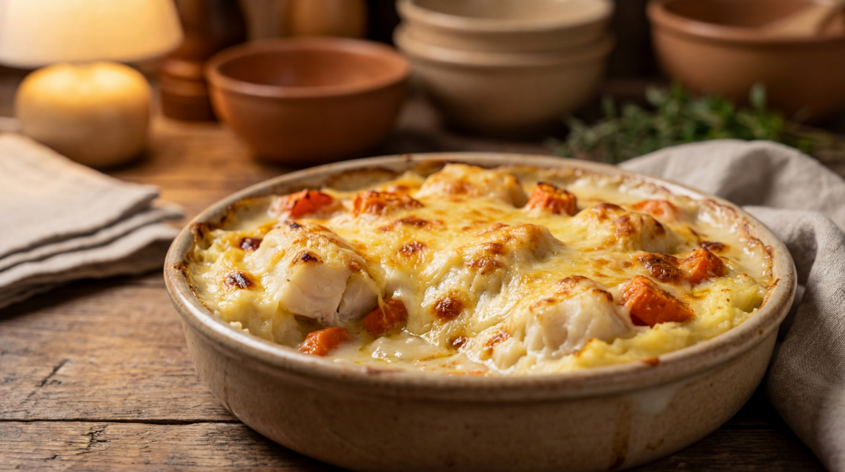 Gratin de cabillaud au Thermomix avec carottes et purée à l’ail