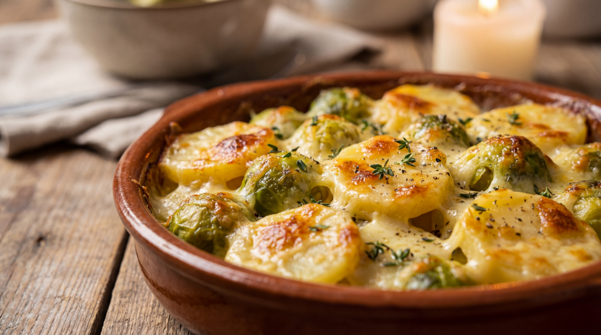 Gratin de choux de Bruxelles et pommes de terre tout fondant