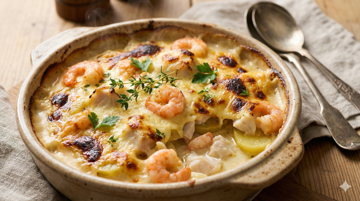 Gratin de poisson et crevettes, façon grand-mère pour les soirs de fête