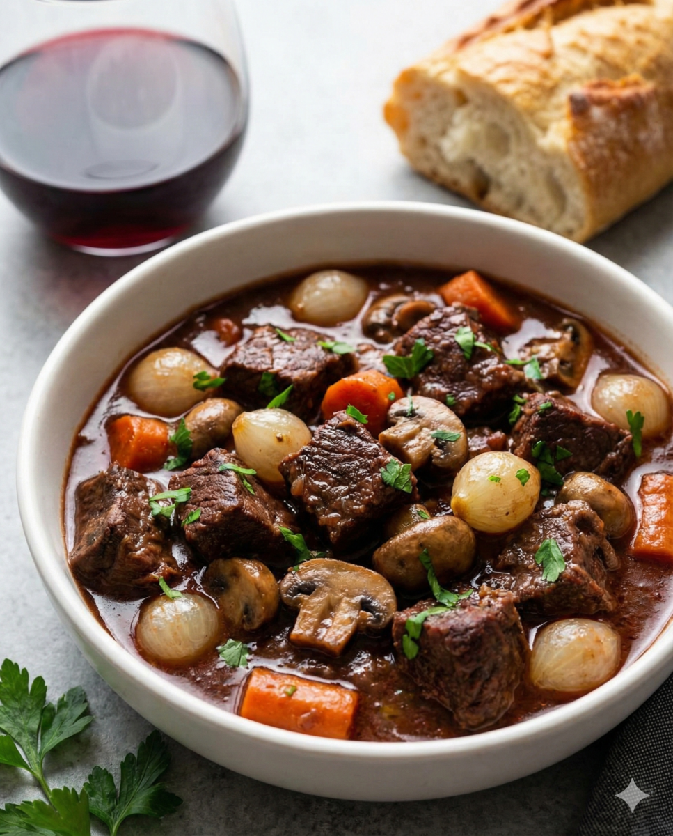 Bol de bœuf bourguignon avec morceaux de viande, oignons grelots, champignons et carottes dans une sauce au vin rouge.