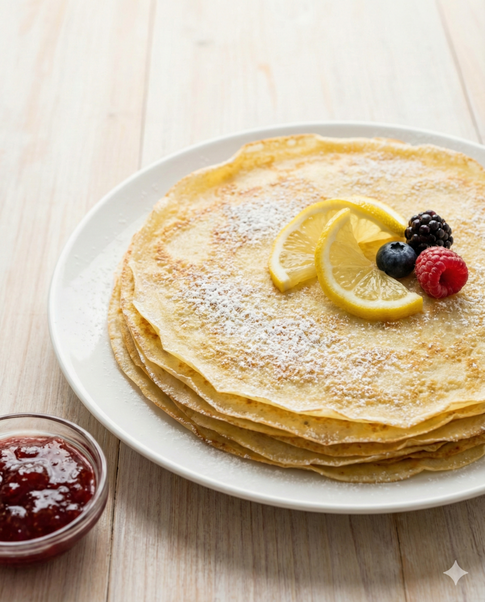 Pile de crêpes fines sur une assiette, saupoudrées de sucre glace et garnies de citron et de fruits rouges, avec un bol de confiture.